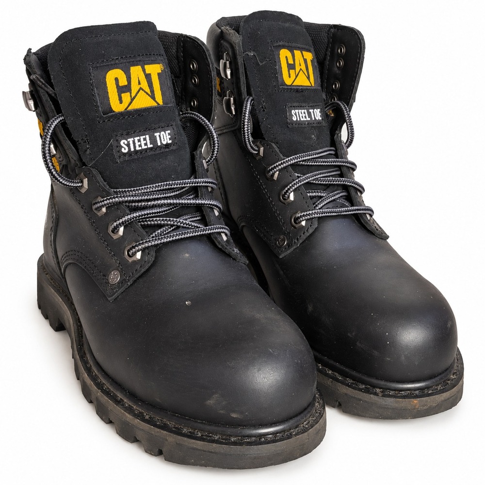 CAT Caterpillar Steel Toe Work Boots Mens 7.5 Black Good P91658 Leather Safety